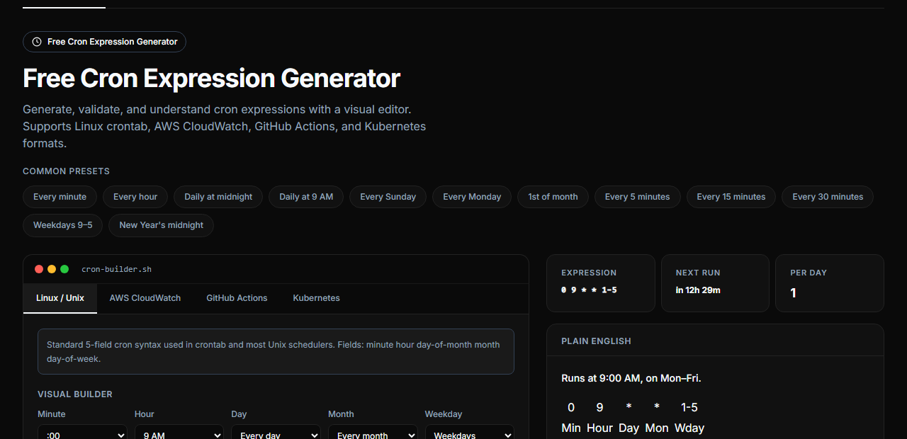 Cron Builder tool showing a visual schedule builder with plain English explanation of the cron expression running entirely in the browser