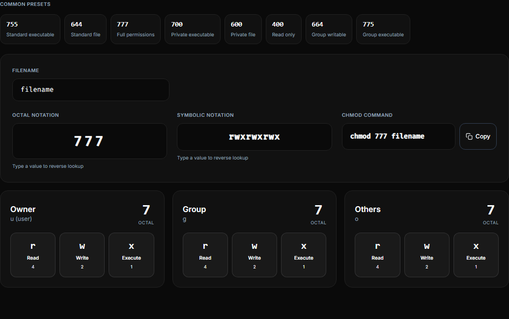 OpsBash chmod Calculator showing 777 as full read, write, and execute for owner, group, and others
