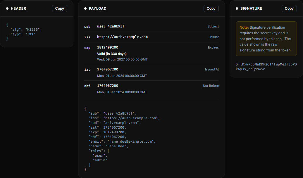 OpsBash JWT Decoder showing a decoded token's header, payload, and expiry claims